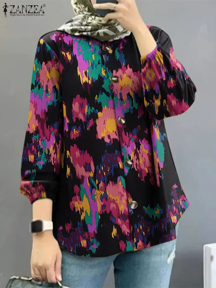 ZANZEA Fashion Women Floral Printed Shirt Autumn Long Sleeve Muslim Tops Casual Dubai Turkey Abaya Blouse Islamic Clothing 2023