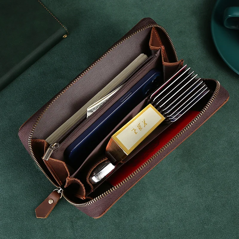 Men's long leather zipper business cowhide wallet for holding youth mobile phone storage