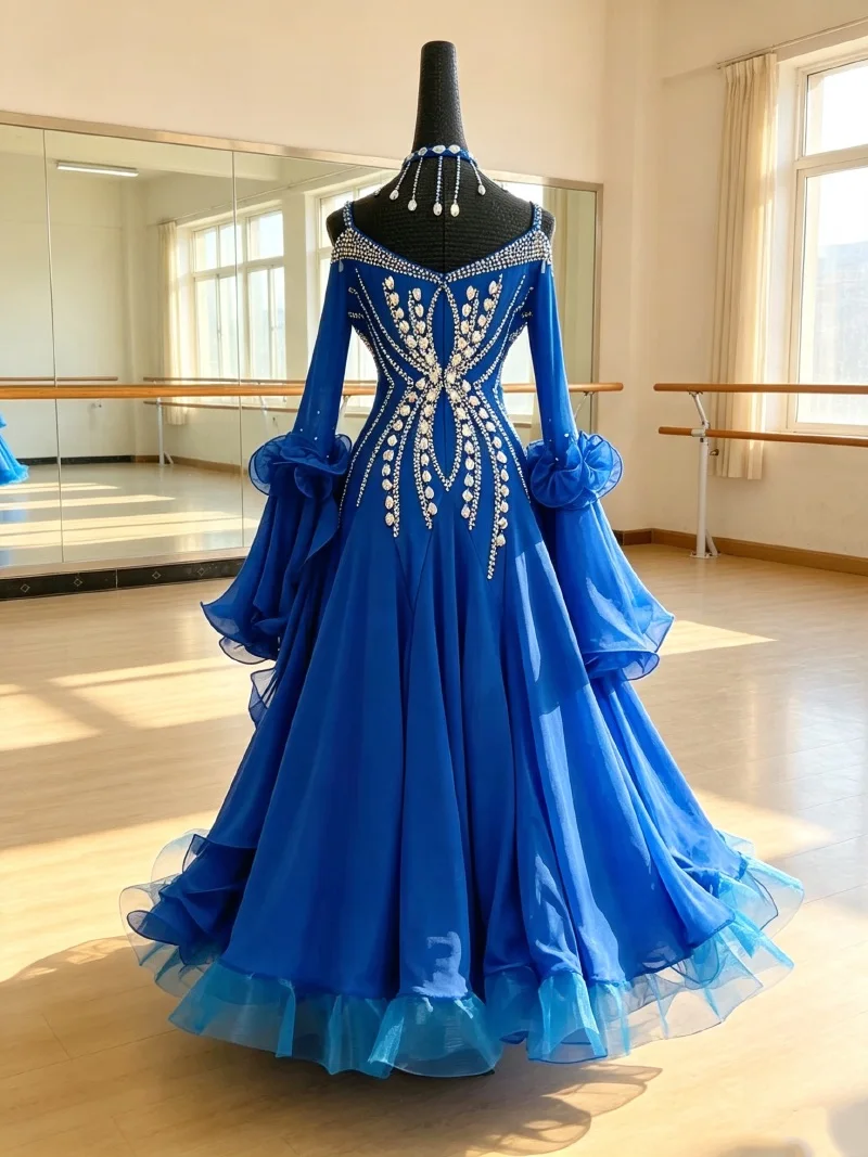 Advanced Customization Ballroom Competition Dance Dresses Women Blue Standard Ballroom Skirt Adult Waltz Ballroom Dancing Dress