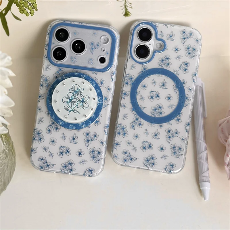 

Blue White Porcelain For MagSafe Phone Case for iPhone 15 16 17 Pro Max Shockproof Protective Cover Aesthetic Cute Case