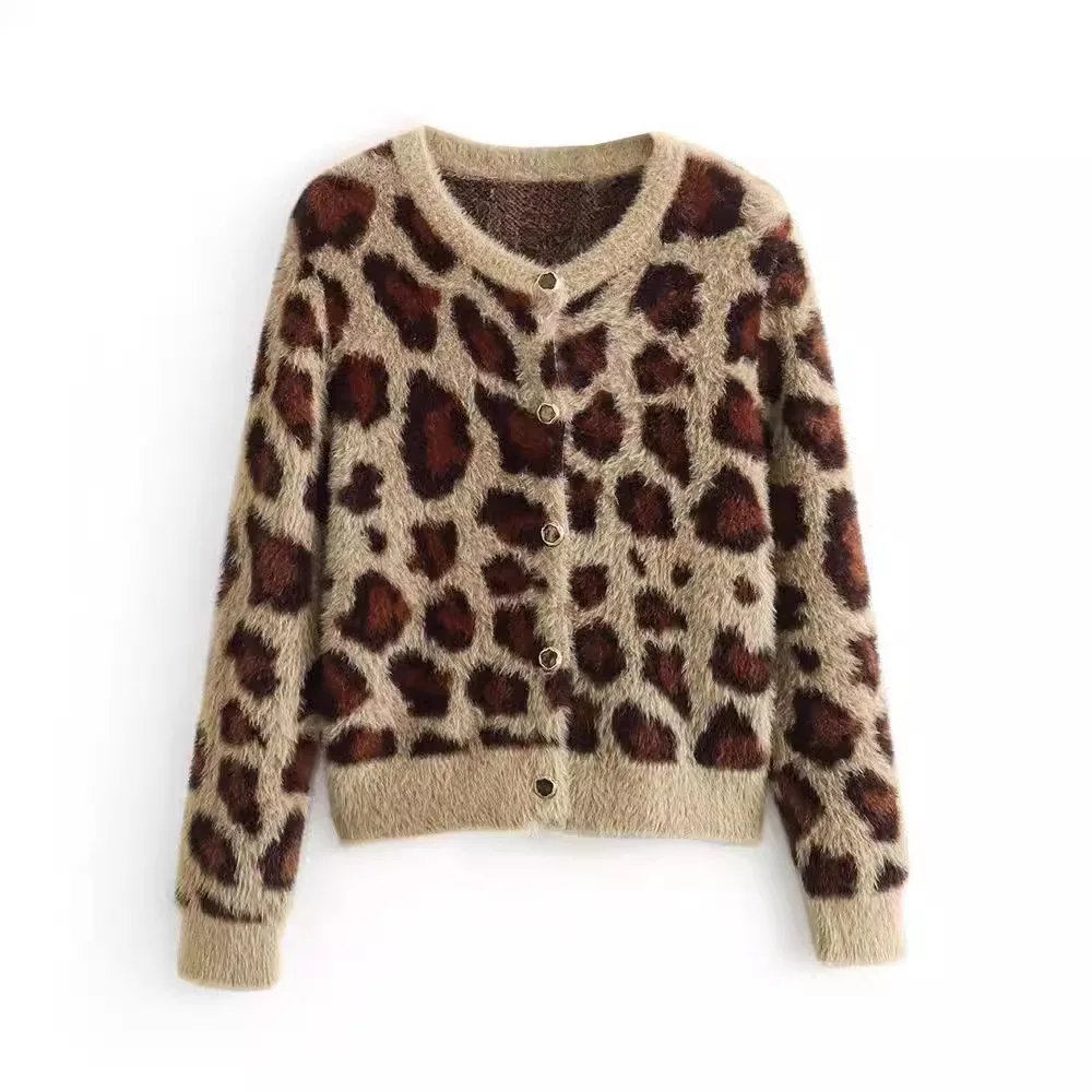 Women Fashion Leopard Print Fur Effective Short Knitting Sweater Female Chic Long Sleeve Buttons Kimono Coats Tops