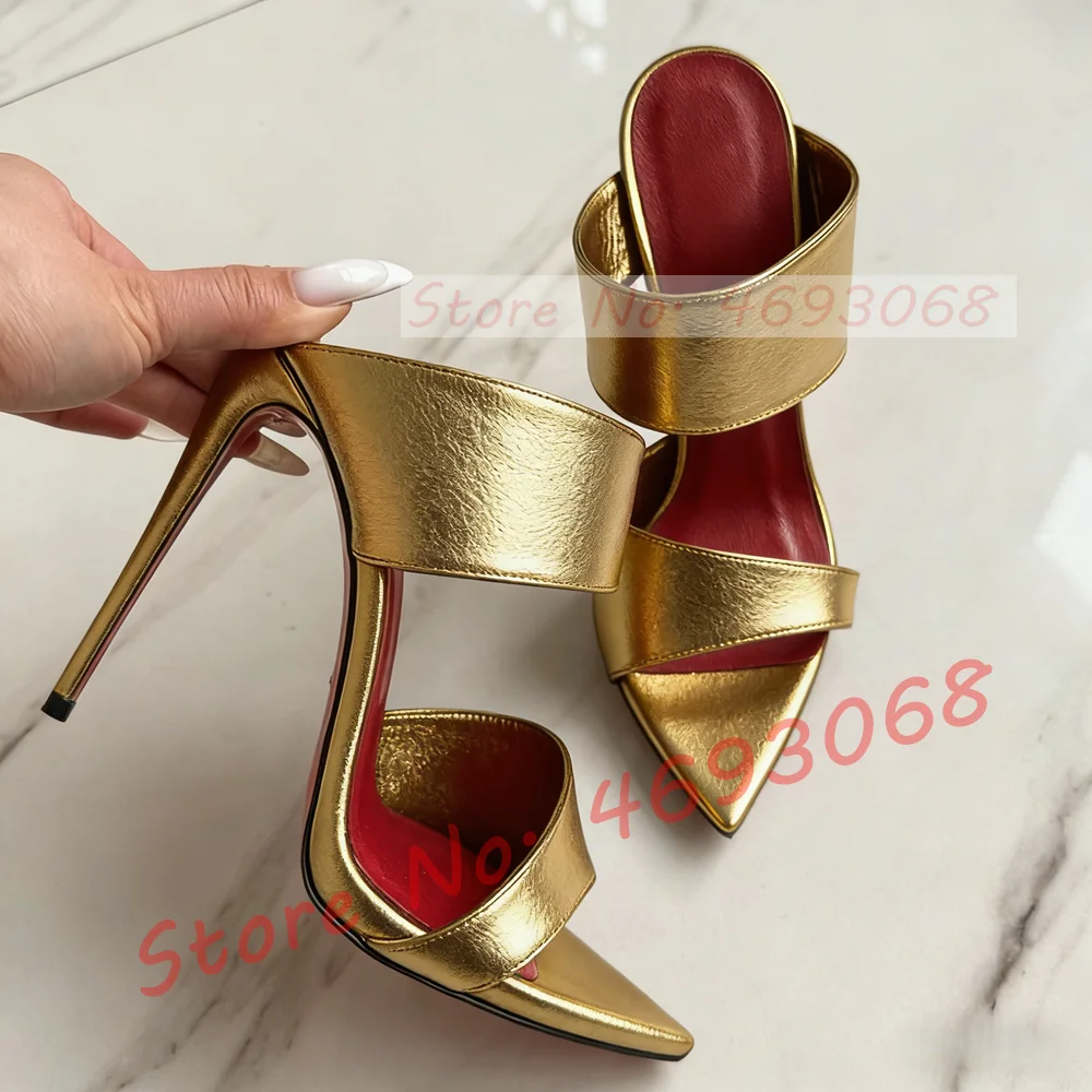 

Gold Cross Strap Stiletto Mules Women Sexy Red Insole High Heels Ponted Toe Slippers Ladies Stylish Outside Catwalk Party Shoes