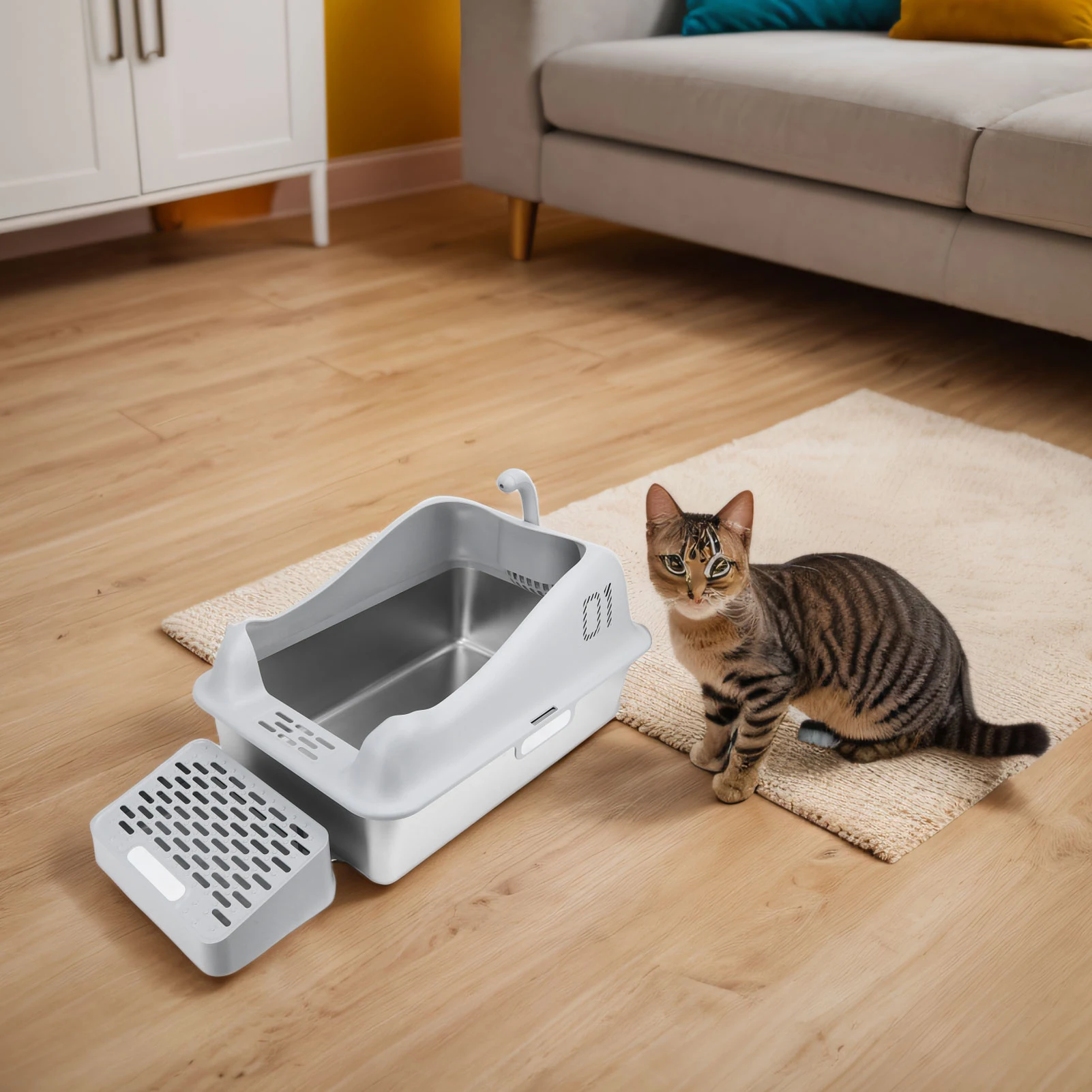 

Metal Litter Box Stainless Steel Cat Litter Box Anti Splash Large Semi Enclosed Odor Control Cat Litter Pan Tray with Shovel