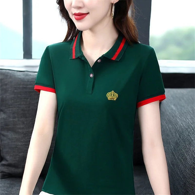 Green Red Womens Short Sleeve T-shirt Female\'s office Work Wear Korean Style Chic Trendy Casual Tops Polo Shirts