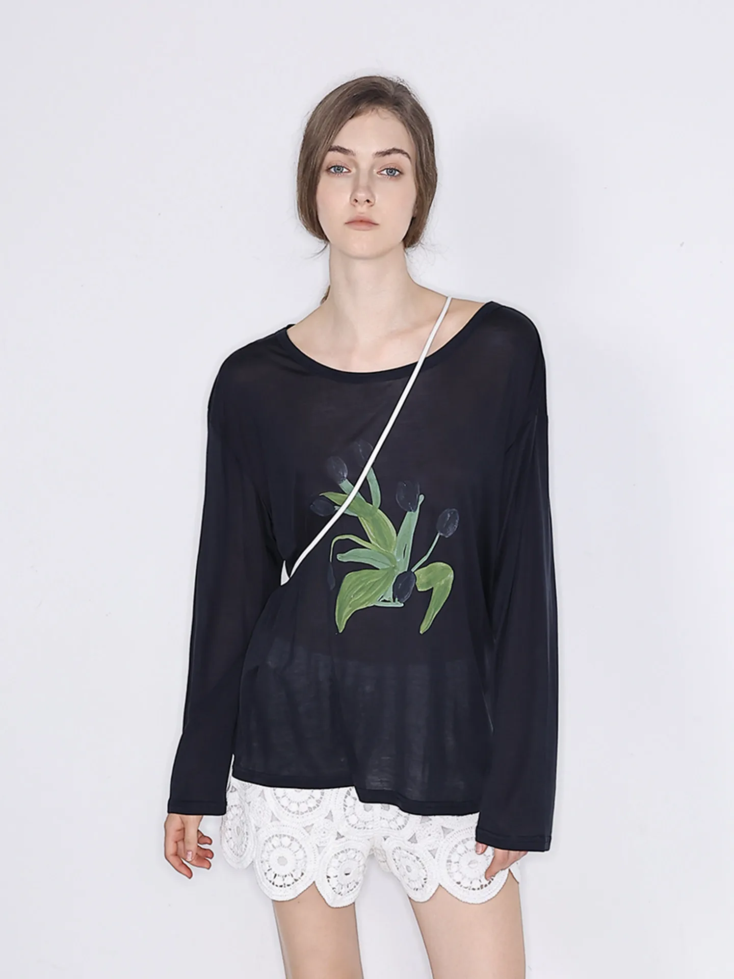 

Женская летняя футболка JDE Lenzing Fiber с круглым вырезом и длинным рукавом, свободного кроя, для повседневной носки, с креативным цветочным принтом