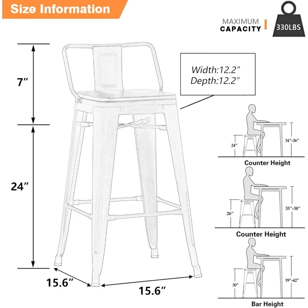 24" Metal Barstools Set of 4 Counter Bar Stools with Wood Top Low Back Matte Black