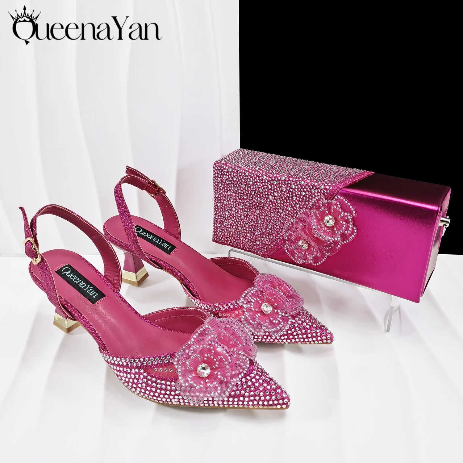 QueenaYan Fuchsia Color Shoes and Bag Elegant Handbags and Medium Heel Shoes Beautiful Handmade Flowers For Wedding Party