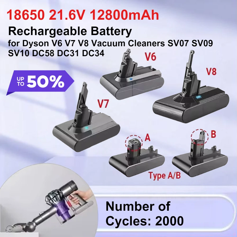 18650 21.6V 12800mAh Rechargeable Battery for Dyson V6 V7 V8 Vacuum Cleaners SV07 SV09SV10 DC58 DC31 DC34 Number of Cycles: 2000