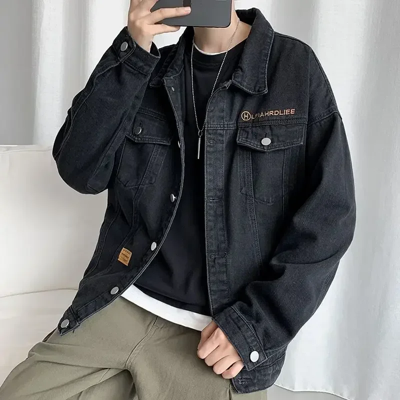 Denim Jackets Man Wide Sleeves Jeans Coat for Men Overcoat Black with Embroidery Loose Winter Outerwear Korea in Lowest Price G