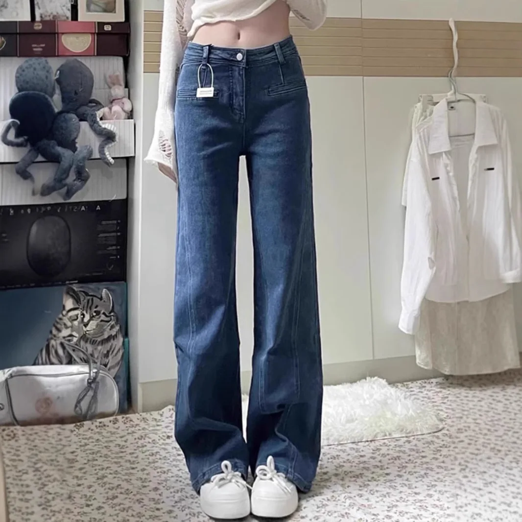 Voltar arco y2k jeans feminino elegante em linha reta calças largas moda coreana calças jeans streetwear feminino perna larga jeans