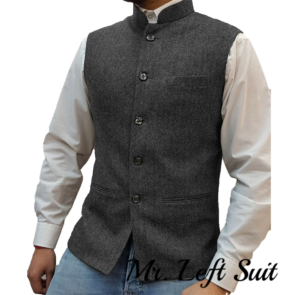 Men\'s Suit Vest Herringbone Wool Tweed Stand-up Collar Slim Fit Waistcoat Groom Costumes Clothing For Men Wedding Vest