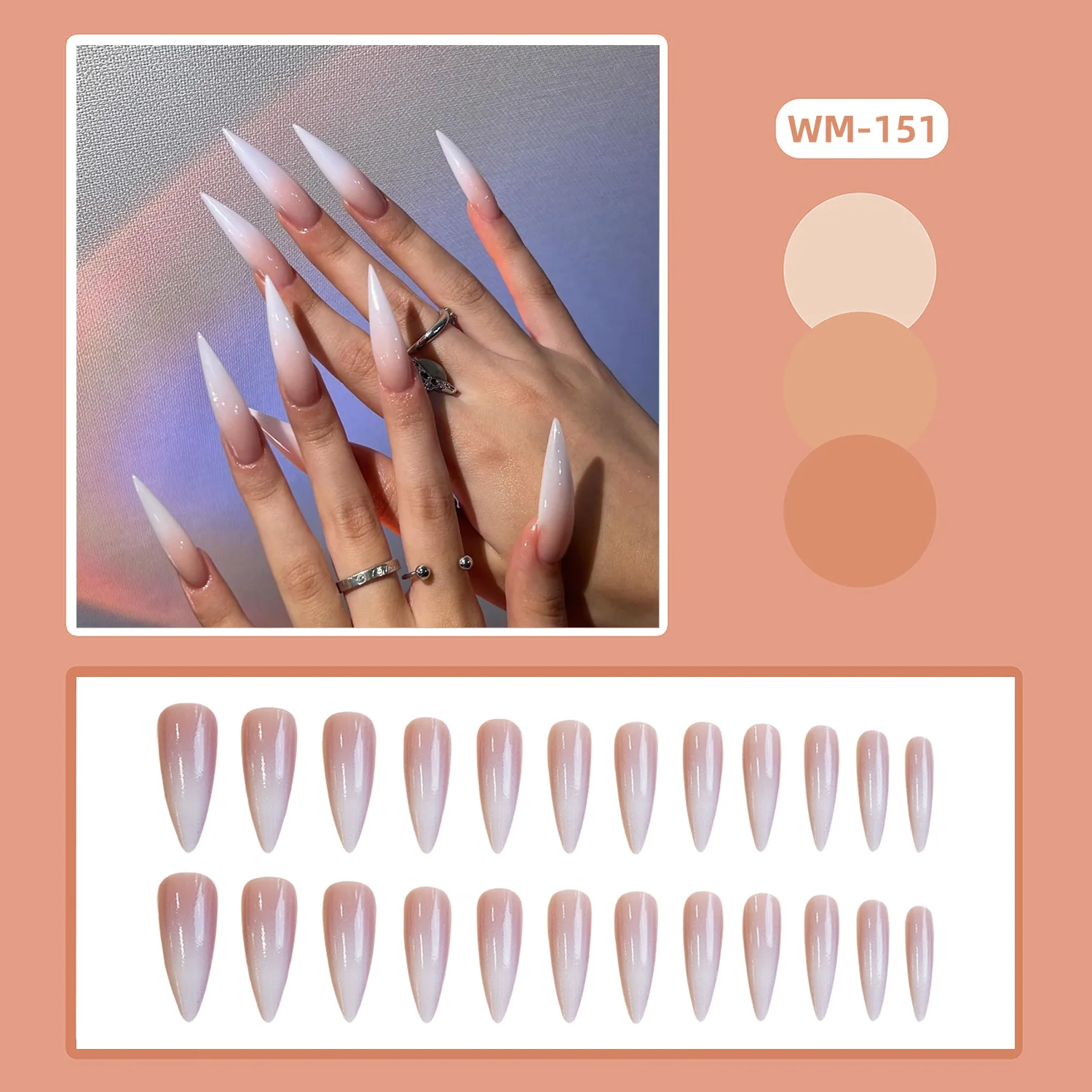 24PCS Super Long Tip White Gradient Fake Nails Press On Acyrlic Nails Stiletto Nude False Nails Pointed Fashion Nails Wearable