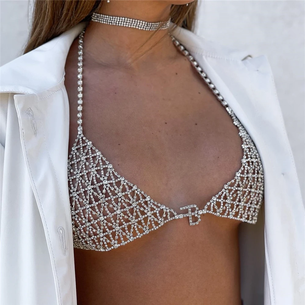 

Summer Sexy Bikinis Mesh Bra Chain Harness Chest Accessories Nightclub Lingerie Hollow Rhinestone Body Jewelry for Women