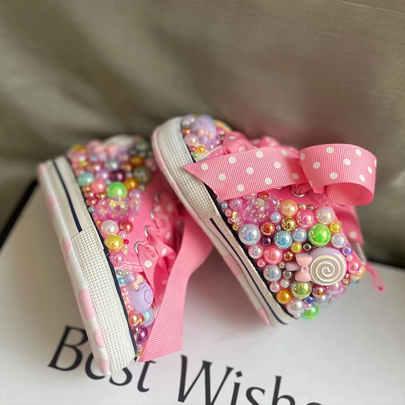 

Random Lollipop Candy First Walking Canvas Baby Infant Shoes Soft Sole Sneakers For Girl Birthday Party Handmade Bling Shoes