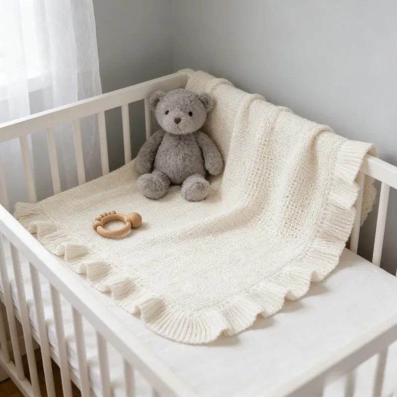 

Baby Cotton Knit Blanket with Ruffle Edge Newborn Swaddle Wrap Soft Comfortable Nursing Cover
