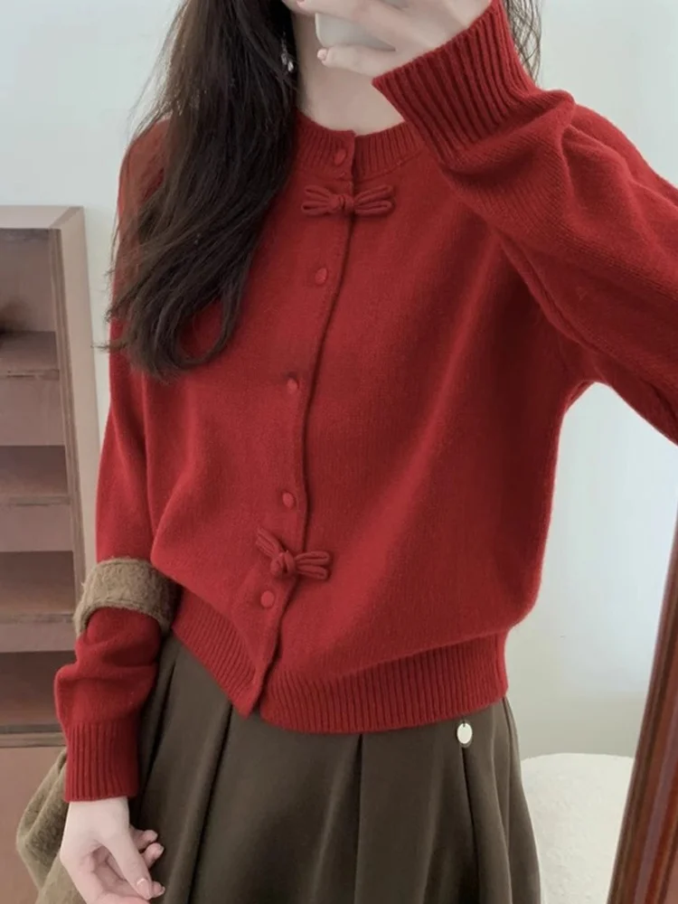 

Новогодний красный вязаный длинный светер Camere, круглый свитер Ne, китайский дизайн с пуговицами National Faion, Sensation, шерстяной...