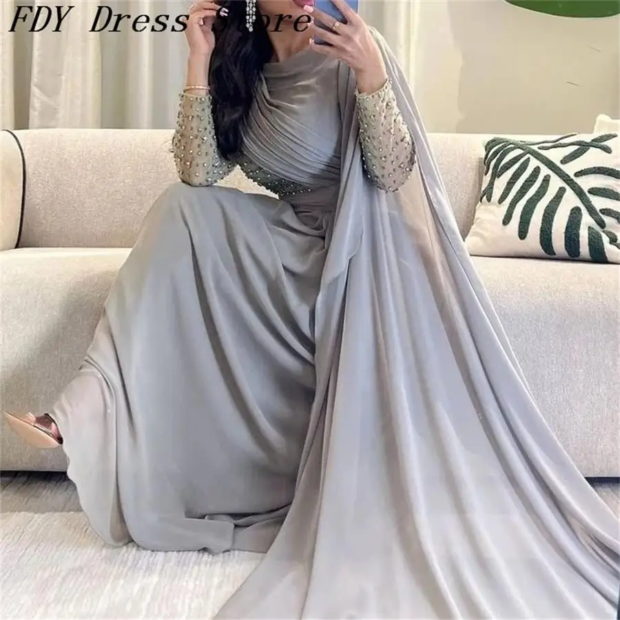 Customized Gray Chiffon Long Sleeves Prom Dresses Beaded Floor Length Formal Occasion Dress Evening Dress Party Dresses