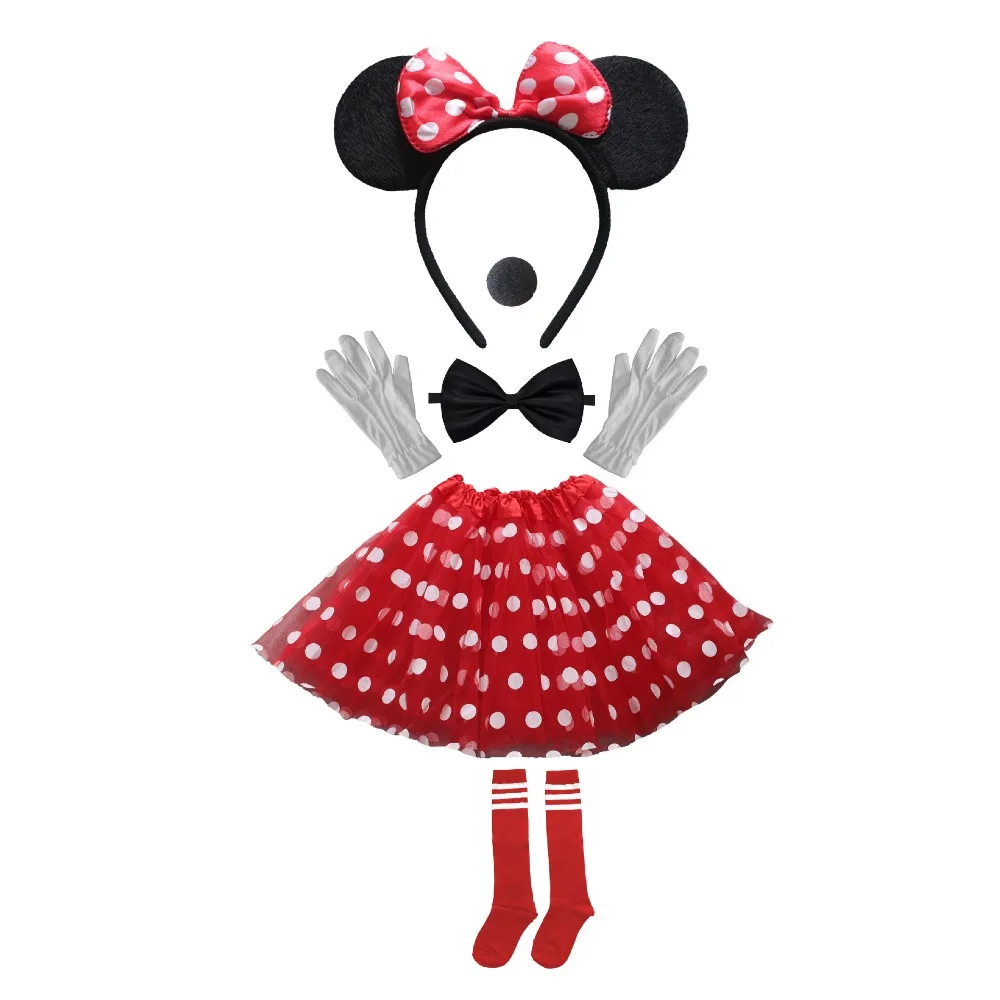 6pcs Mouse Ears Headband Girls Nose Headpiece Skirt Socks Bow Tie Headwear Halloween Costume Birthday Dress Up Accessories