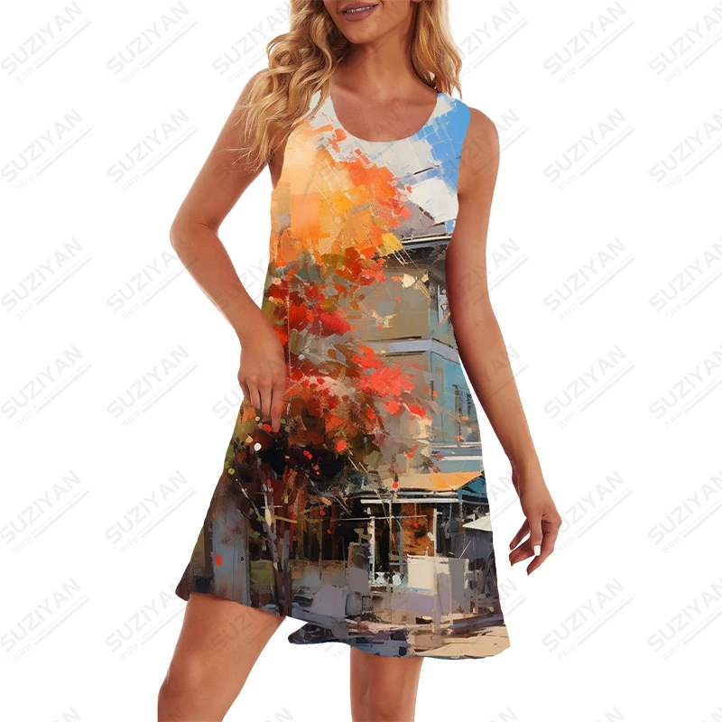 Women's Loose Casual Dress Comfortable Large Size Dress Oil Painting Style Printed Dress Summer Simple Sleeveless Dress