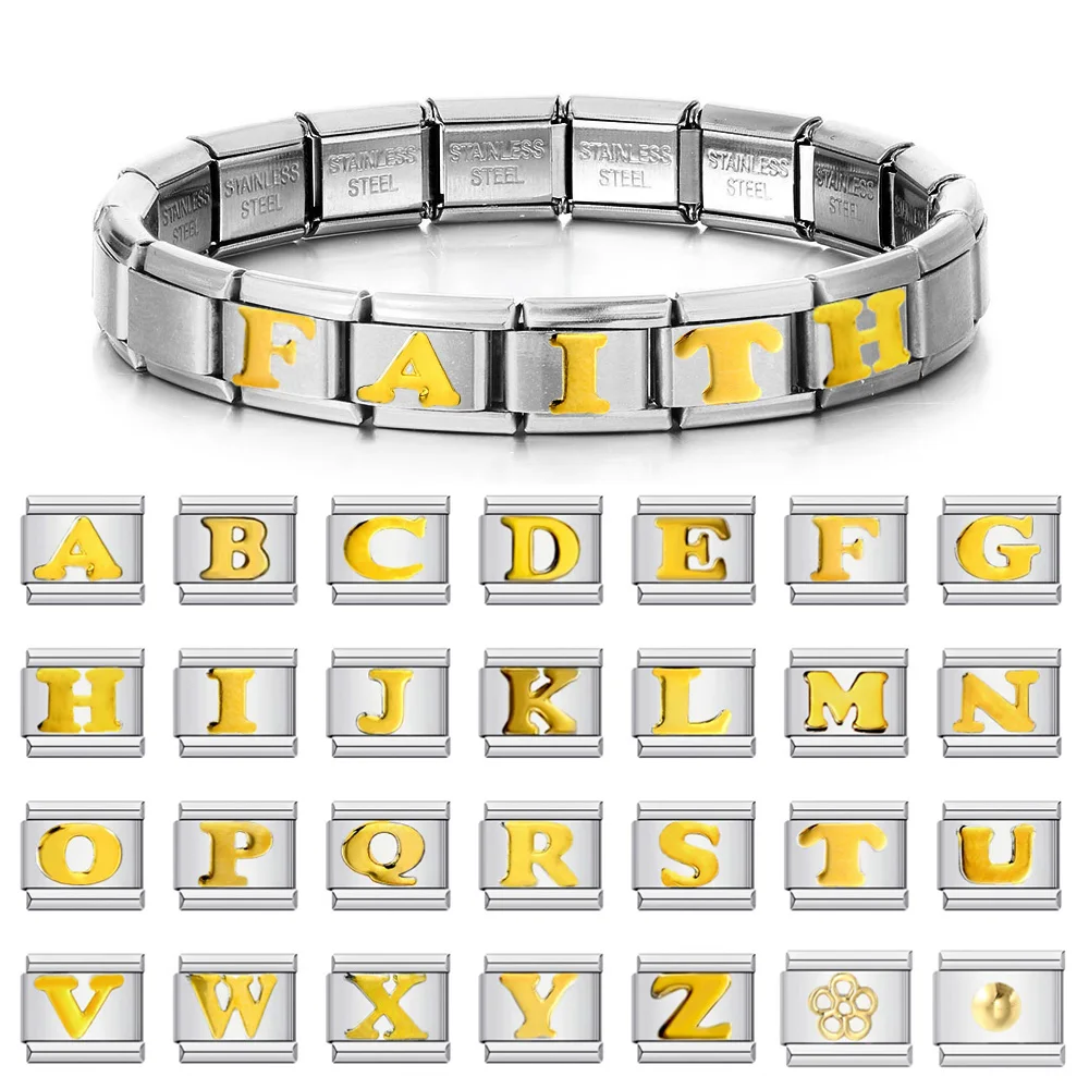 New Fashion 26 A-Z English Letters Italian Charm Links Fit 9mm Stainless Steel Basical Bracelet Making Women Jewelry Hand Chain