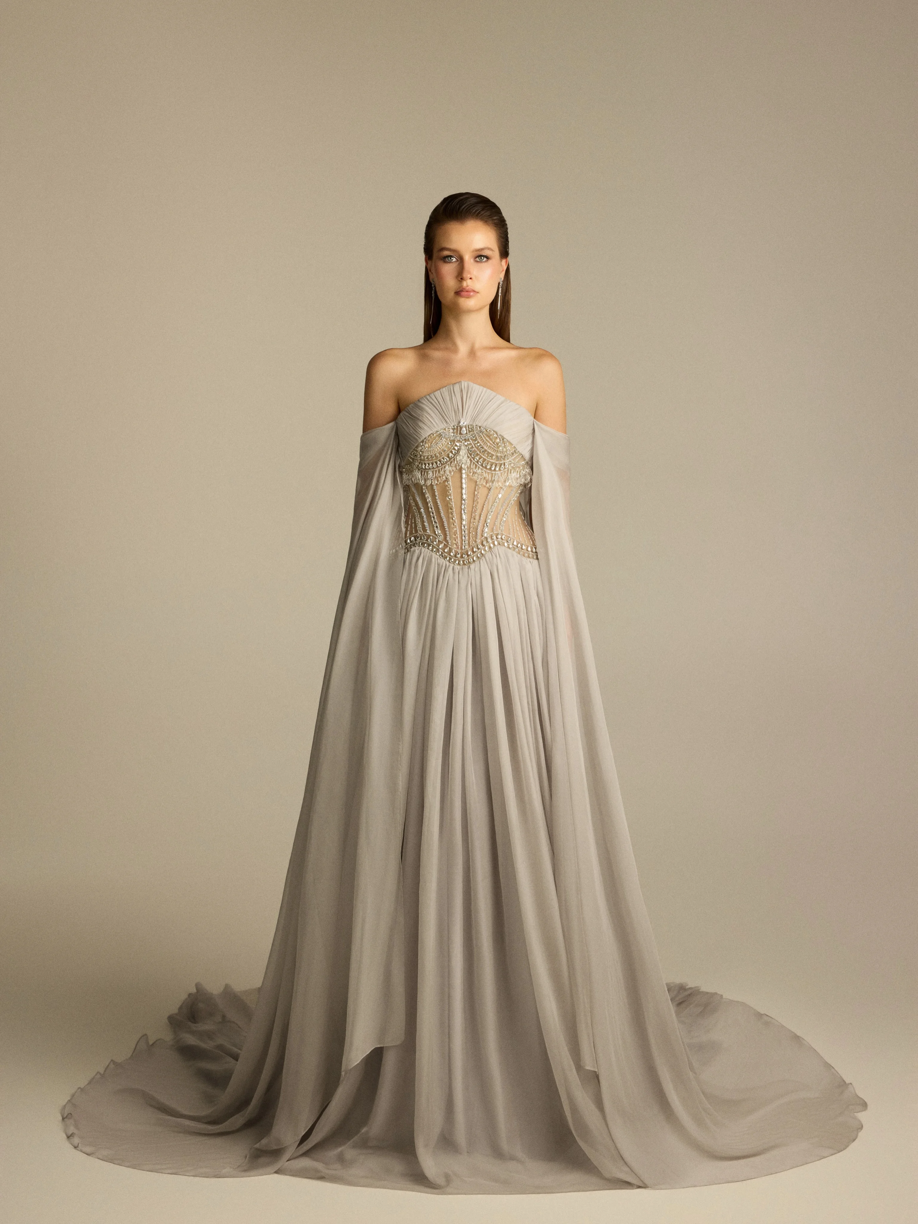 Aunber Exquisite Prom Gowns A-Line Strapless Off the Shoulder Handmade Beaded Crystal Sweep Train Lace Up Back Party Dresses
