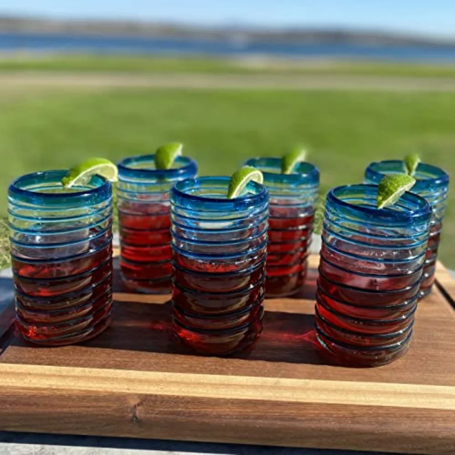 أكواب الشرب المكسيكية المنفوخة يدويًا - مجموعة من 6 أكواب بتصميم حلزوني مائي (14 أونصة لكل منها)...