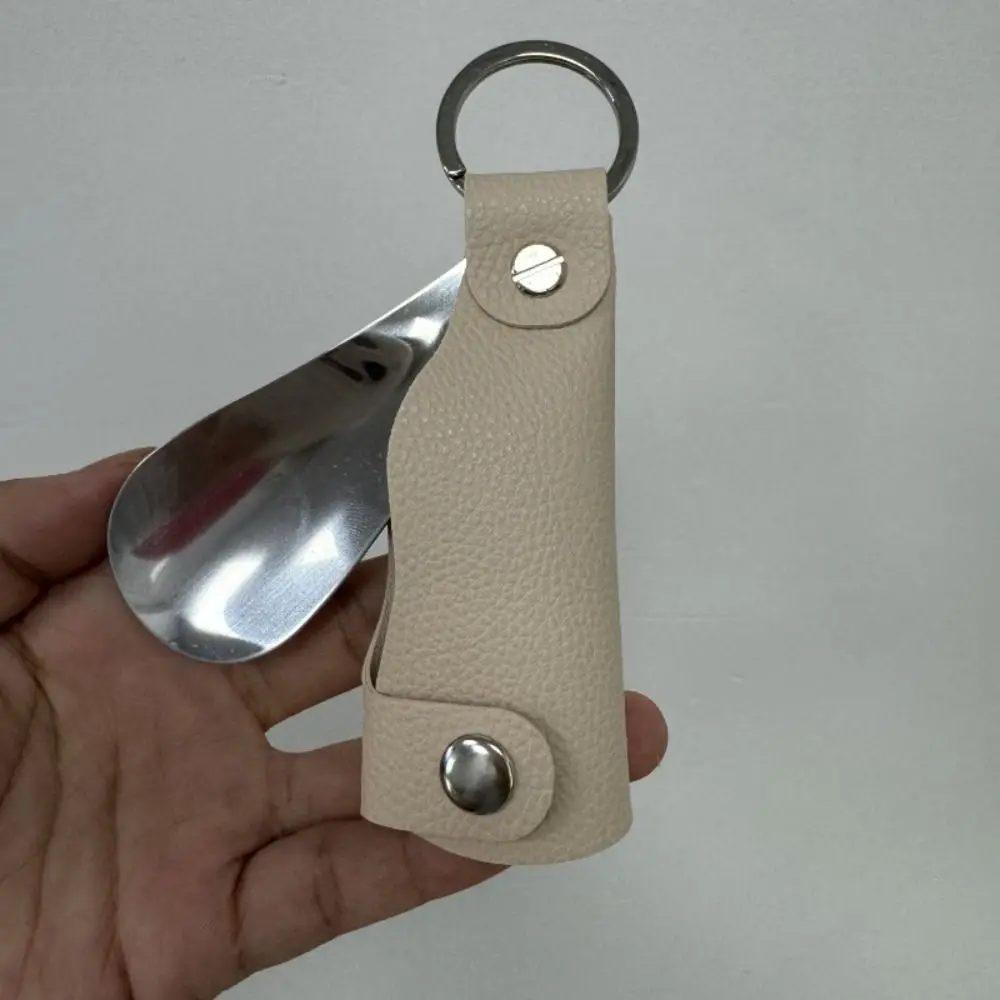 Pengait Sepatu Mini Tahan Lama Gantungan Kunci Portabel Mudah Digenggam Bahan Stainless Steel Alat Bantu Pakai Sepatu Kulit PU Praktis untuk Perjalanan