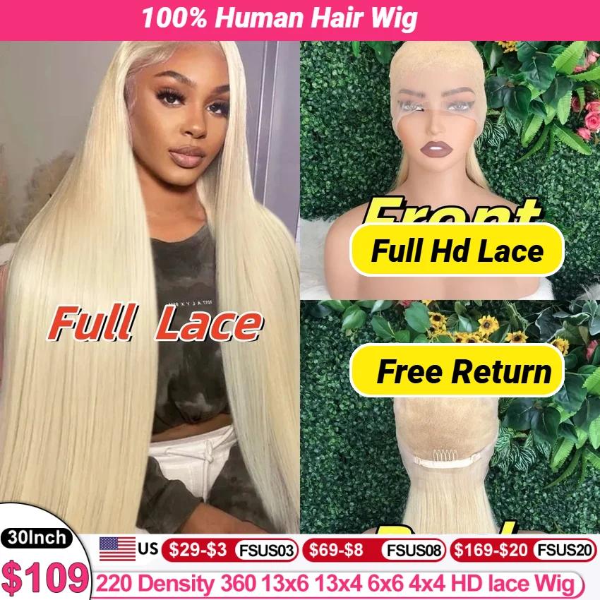 Peruca reta loira com HD Lace Frontal, perucas pré-arrancadas brasileiras, linha fina do bebê, laço completo 360, 100% cabelo humano, 13x6, 360, 20 em, 24 em, 26 em