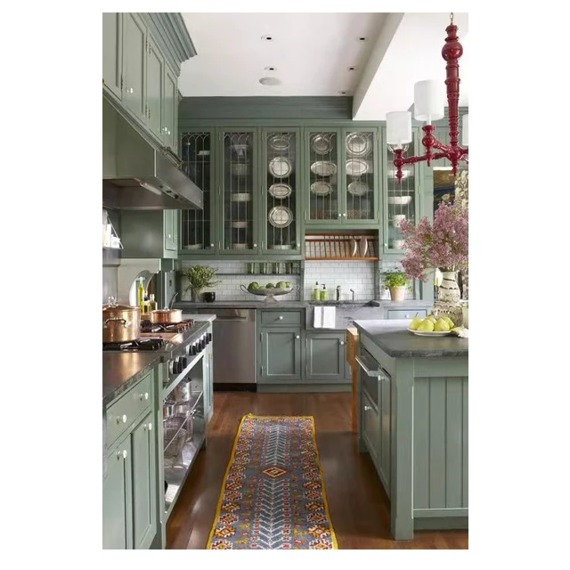 Customized Modern Design Green Color Factory Wholesale Modular Kitchen Cabinet Set