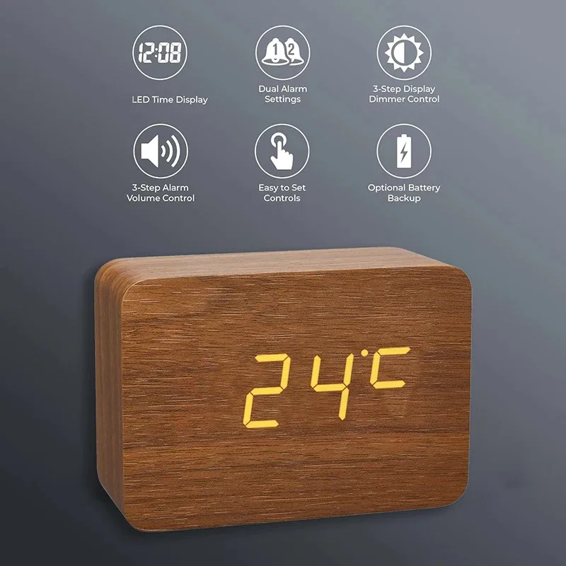 Wooden Digital Alarm Clock with Temperature 3