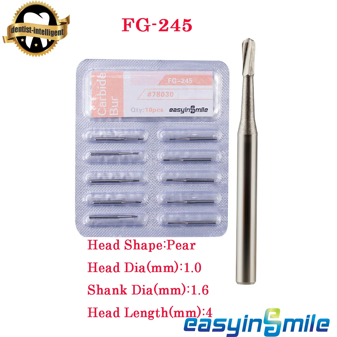 100Pcs/10Box Dental Carbide Burs Tungsten Steel Crown Cutting Bur Drill for High Speed Handpiece FG-245 Head 1*19*4mm