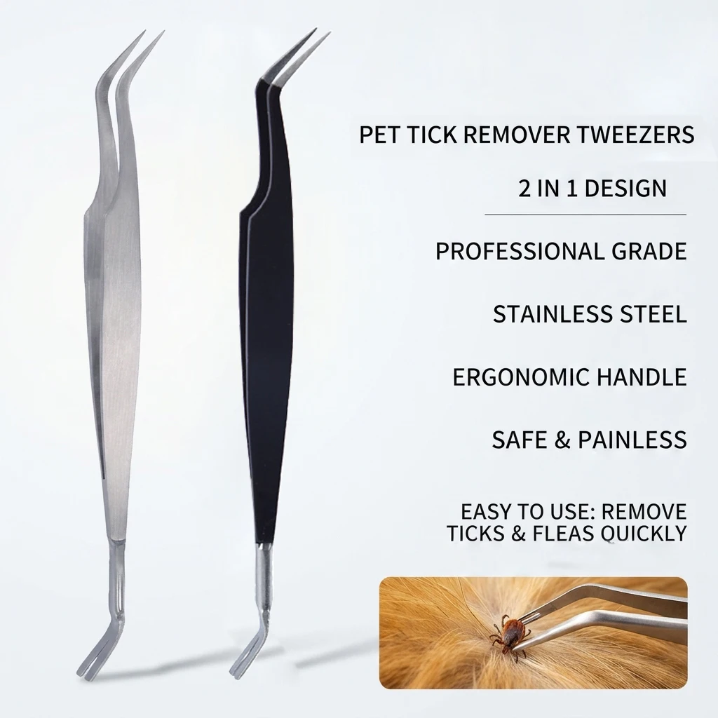 1 unidade Pinça de Aço Inoxidável 2 em 1 para Remoção de Carrapatos, Ferramenta Profissional para Remover Carrapatos de Cães, Gatos e Outros Animais de Estimação, Ferramenta de Higiene e Limpeza