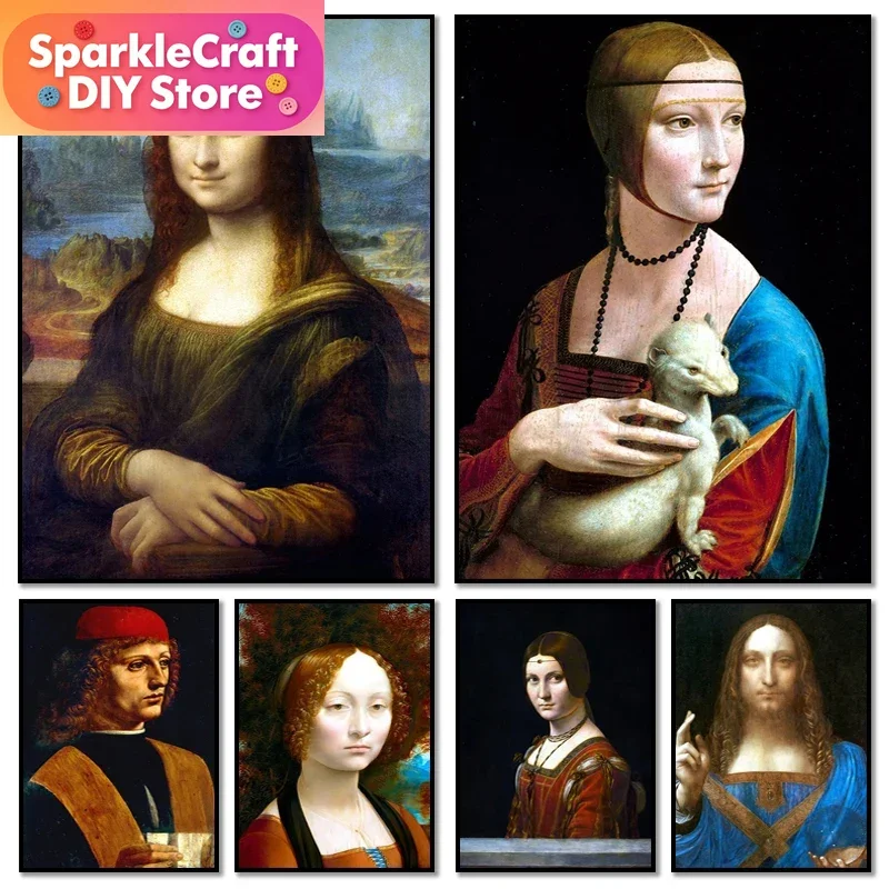 Célèbre œuvre d'art de Léonard de Vinci, Mona Lisa, Salvator Mundi, peinture au diamant et impression d'art mural pour le salon, décoration intérieure