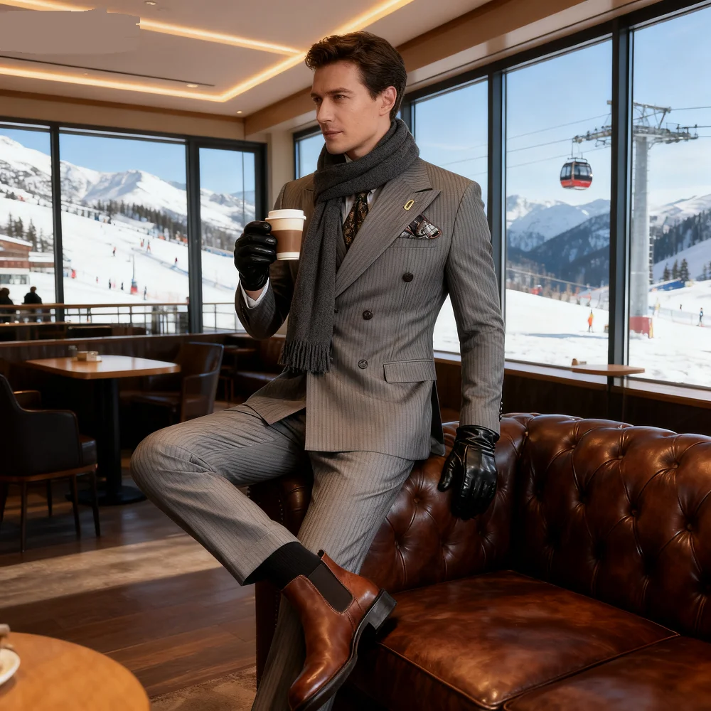 

Striped Men's Tuxedo Double Breasted Elegant Formal Smoking Suit for Wedding And Social Occasions High Quality Groomsmen Attire