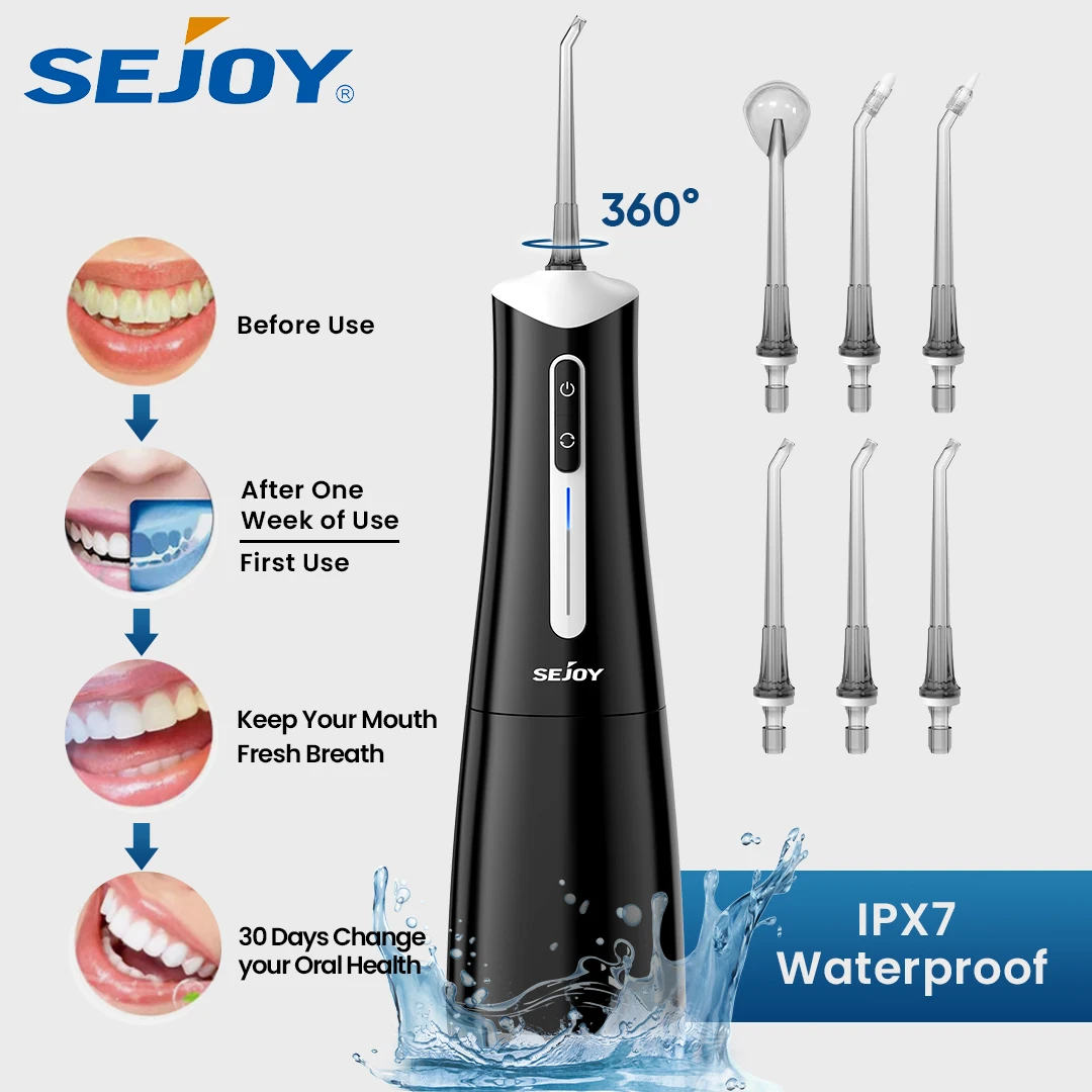 

Sejoy Water Dental Flosser Беспроводной ирригатор полости рта 310 мл Большой бак 4 режима 8 советов Портативный очиститель зубов для домашнего ухода за зубами