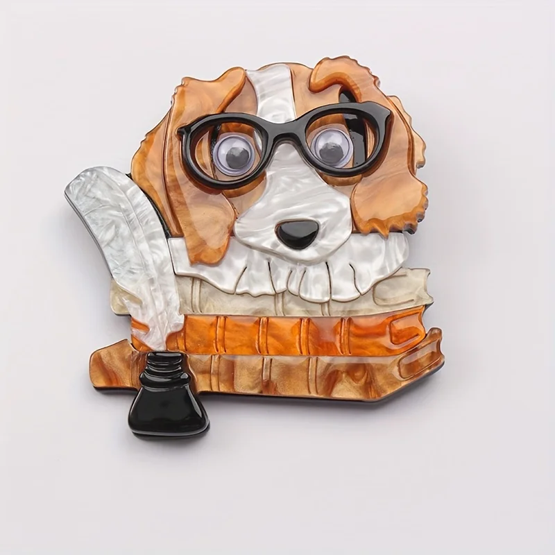 Acrylic dog brooch lying on a book, fashionable acetate animal pin women's clothing accessories jewelry