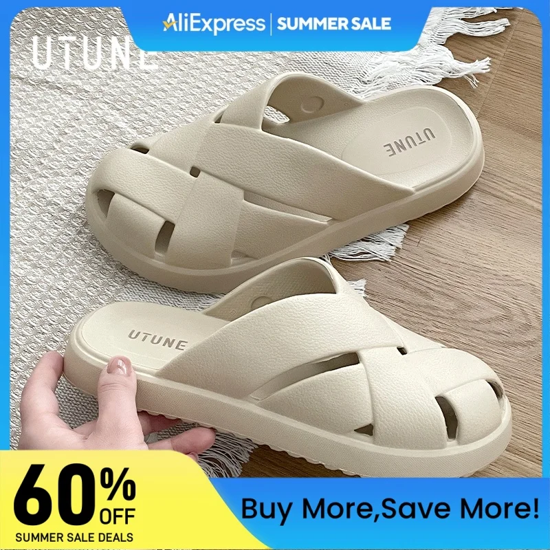 UTUNE women's sandals summer 2025 Lightweight Non-Slip Woven Toe Slippers Soft Platform Open-Toe Outdoor shoes luxury woman