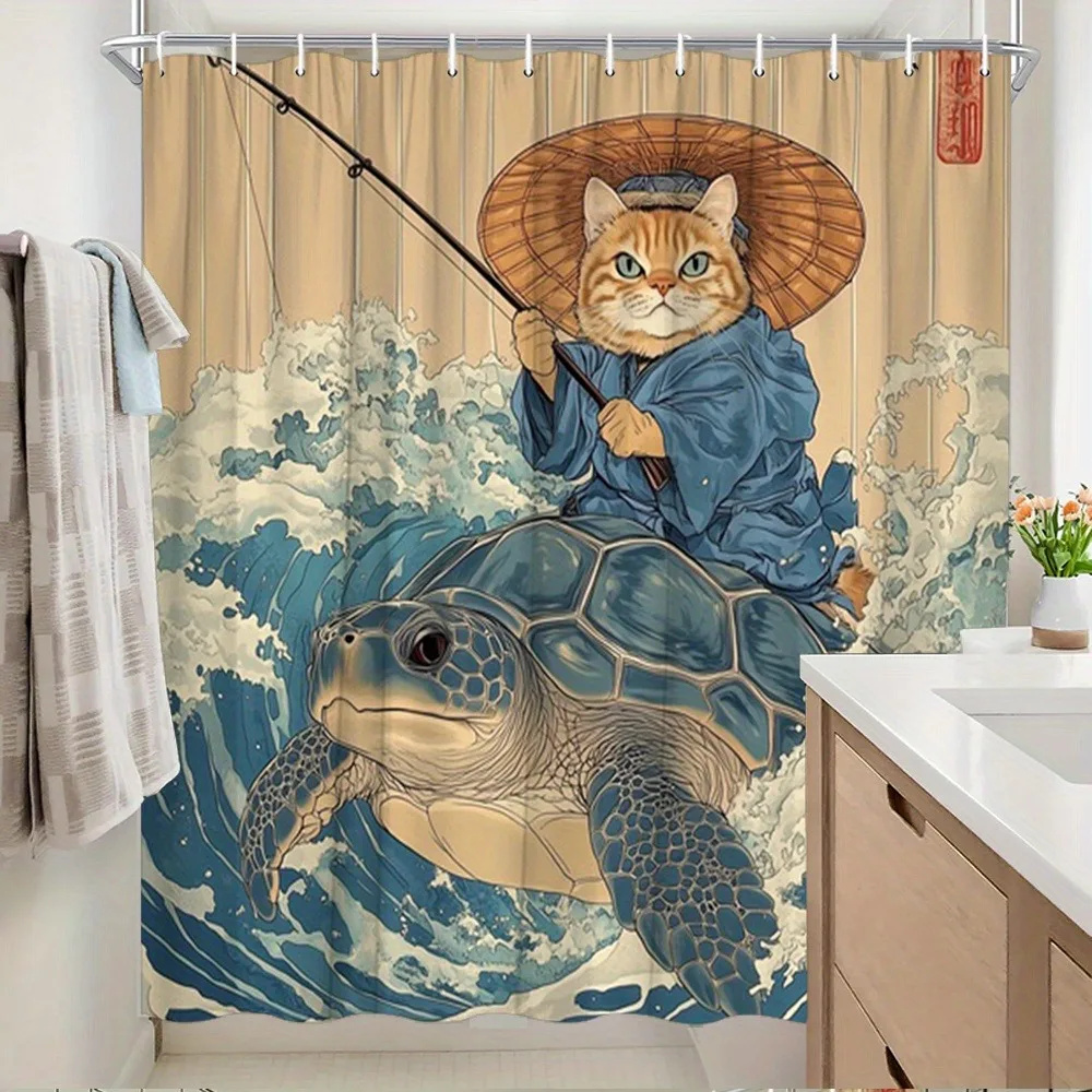 

cat is riding on the turtle Washable Dirt-Resistant Shower Curtain Shower Head waterproof Polyester Bath Curtain For Home Decor