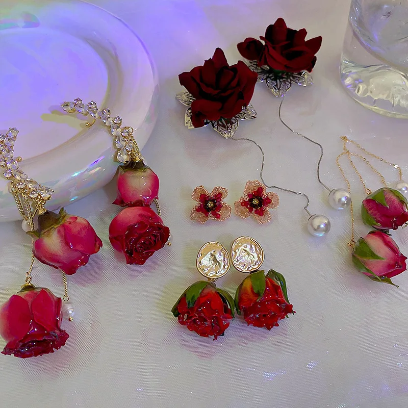 Pendientes Colgantes con Flecos de Perlas de Imitación y Diamantes de Imitación, Flor Eterna, para Mujer, Románticos, Dulces, Elegantes, Joyería de Moda K-