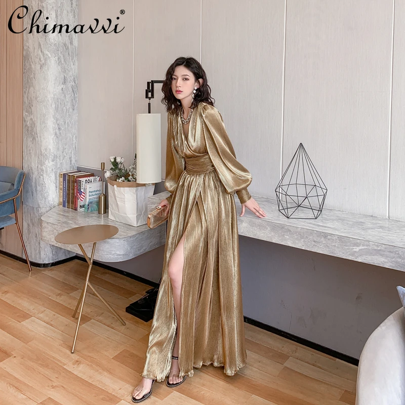 Textured Golden Sexy Deep V-neck Dress Glossy Pleated Bubble Sleeve Party Dresses High Waist Slim Slit Elegant Maxi Dress Women