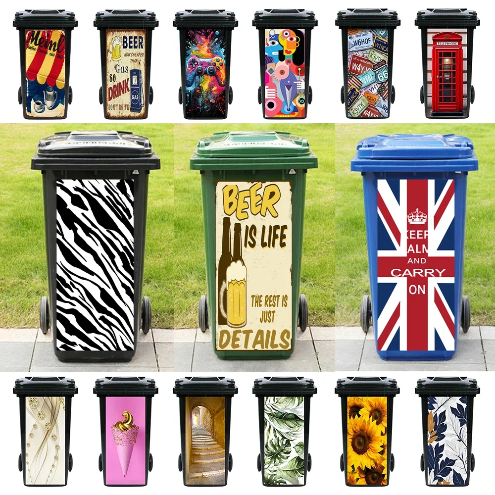 British Style Retro Graffiti Trash Can Sticker Removable Waterproof Outdoor Wheeled Sanitation Trash Can Decorative Sticker