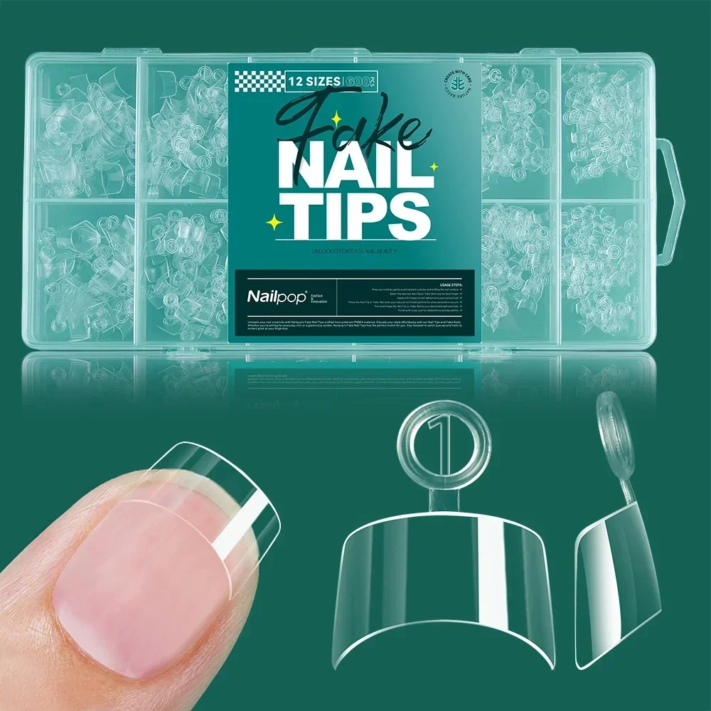 Nailpop 600 unidades de unhas postiças de gel macio, cobertura total, formato estilete, extra curtas, amêndoa e quadrada, removíveis com acetona._voghion.com
