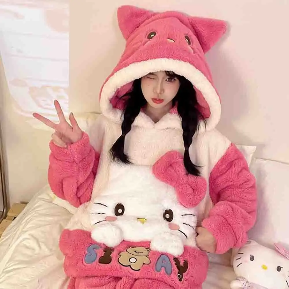 Hello Kitties Kuromi Women's Cartoon Long Sleeve Warm Coral Velvet Pajama Girl Cute and Comfortable Warm Home Clothing Set Gift - view 4