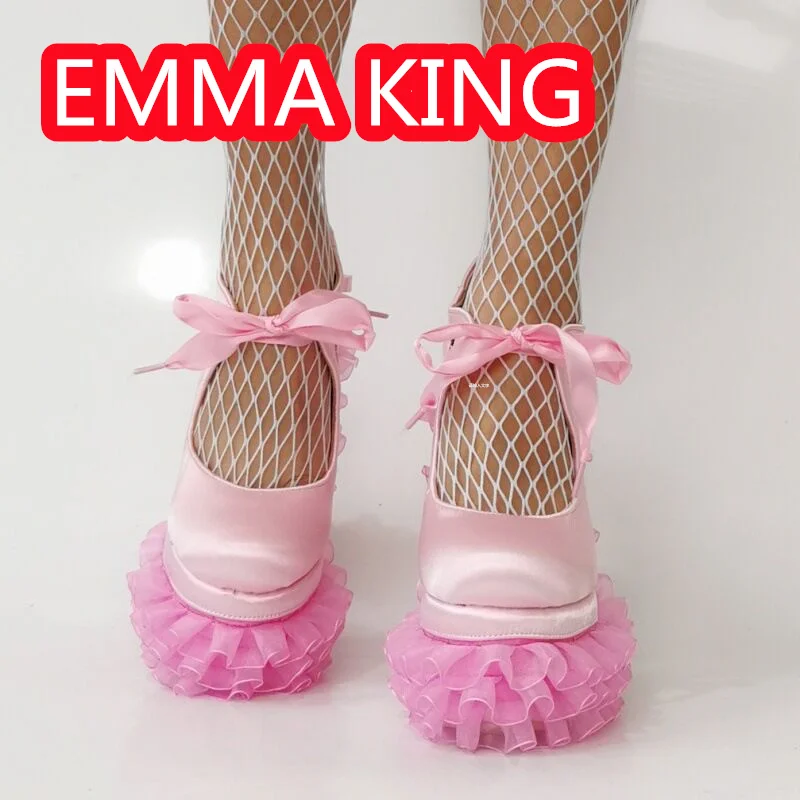 Pink Square Toe Lace Flowers Platform Sweety Girls Dancing SAndals 2025 Shallow Silk Lace Up Size 47 Sexy Runway Shoes Heels image 5