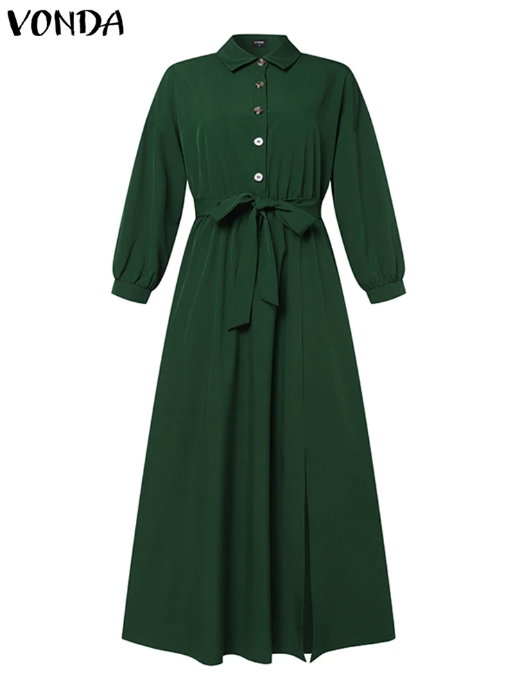 VONDA 2024 Summer Women Elegant Shirt Dress Long Sleeve Belted Maxi Sundress Fashion Lapel Split Solid Color Buttons Casual Robe