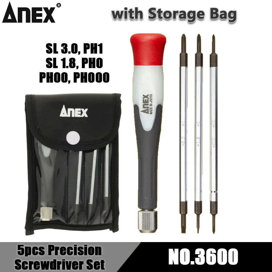 

ANEX 5pcs Precision Screwdriver Set Screwdriver Handle with Double-Headed Replaceable Screwdriver Bits and Storage Bag No.3600