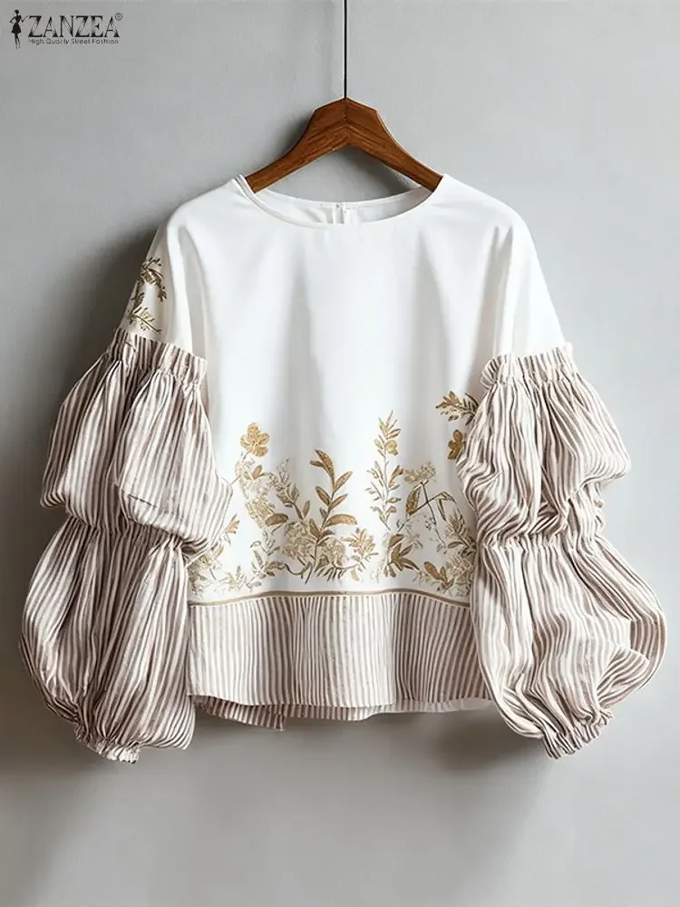 2025 ZANZEA Moda Donna Camicetta con maniche a lanterna a righe Stampa floreale Tunica Top Autunno Casual Manica lunga Elegante Camicie da ufficio