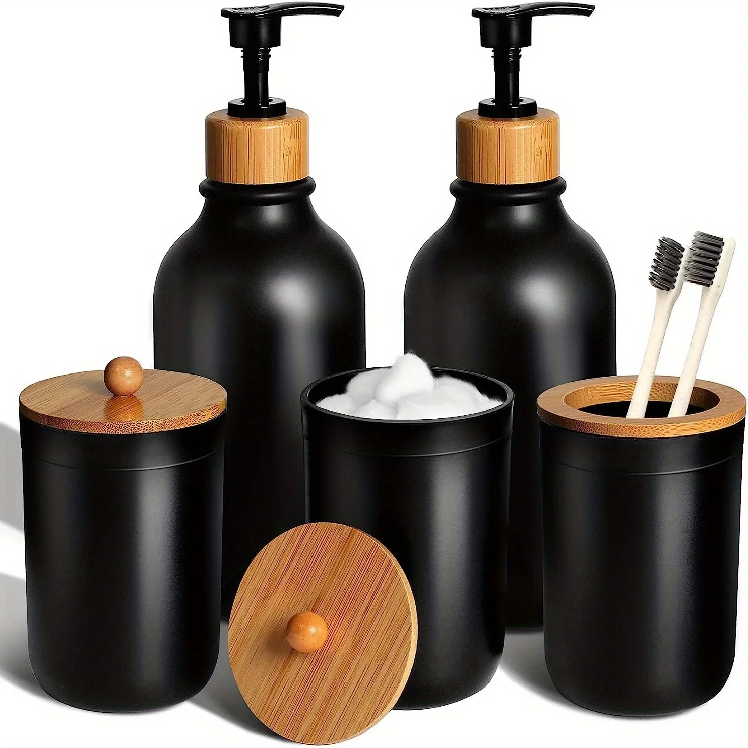 Plastic Soap Dispenser and Toothbrush Holder Set Bohemian Bathroom Decoration Accessories Set Matte Black Bathroom Accessories