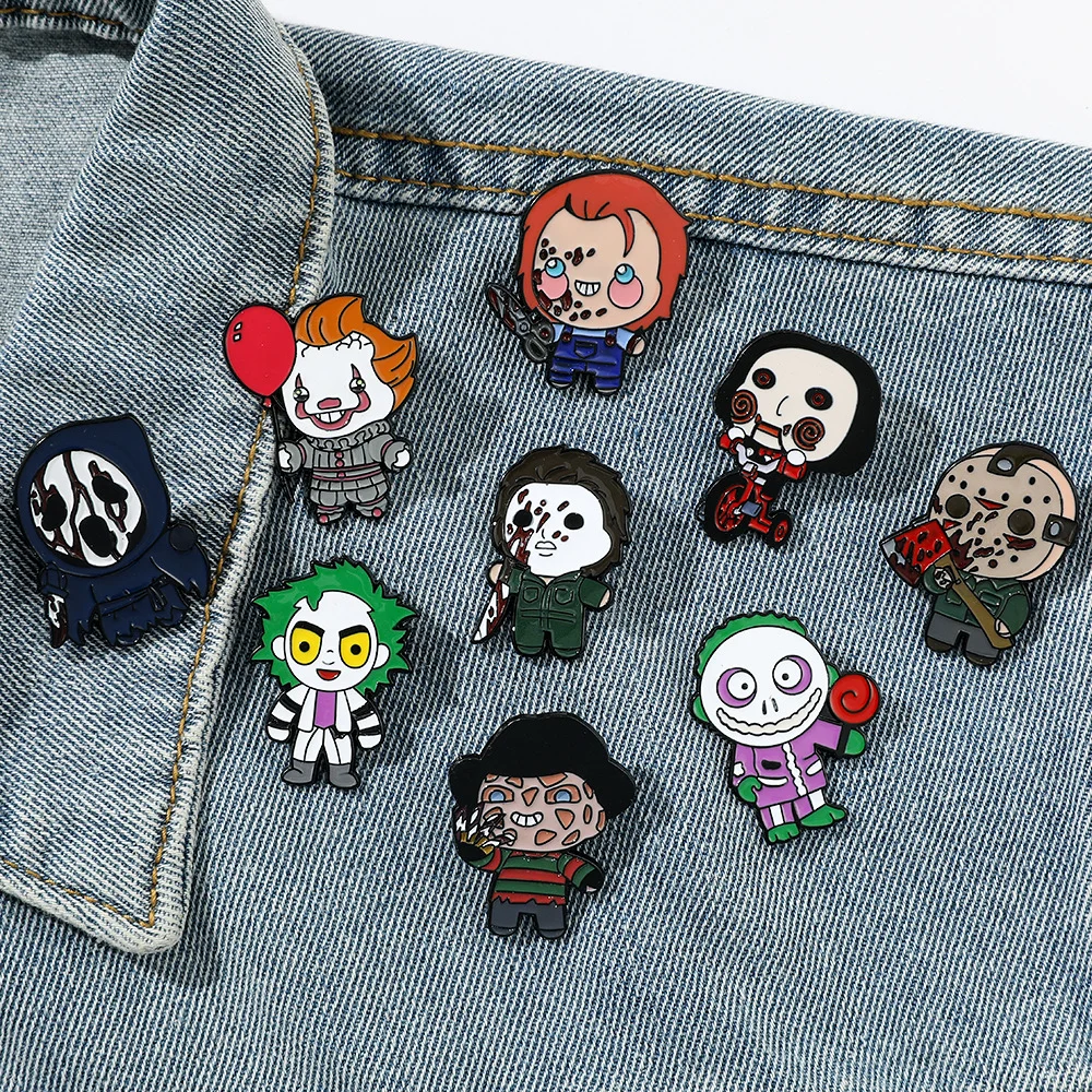 

Halloween Joker Horror Killer Brooch Horror Chainsaw Male Scissors Doll Enamel Pin Metal Badge Backpack Clothing Jewelry