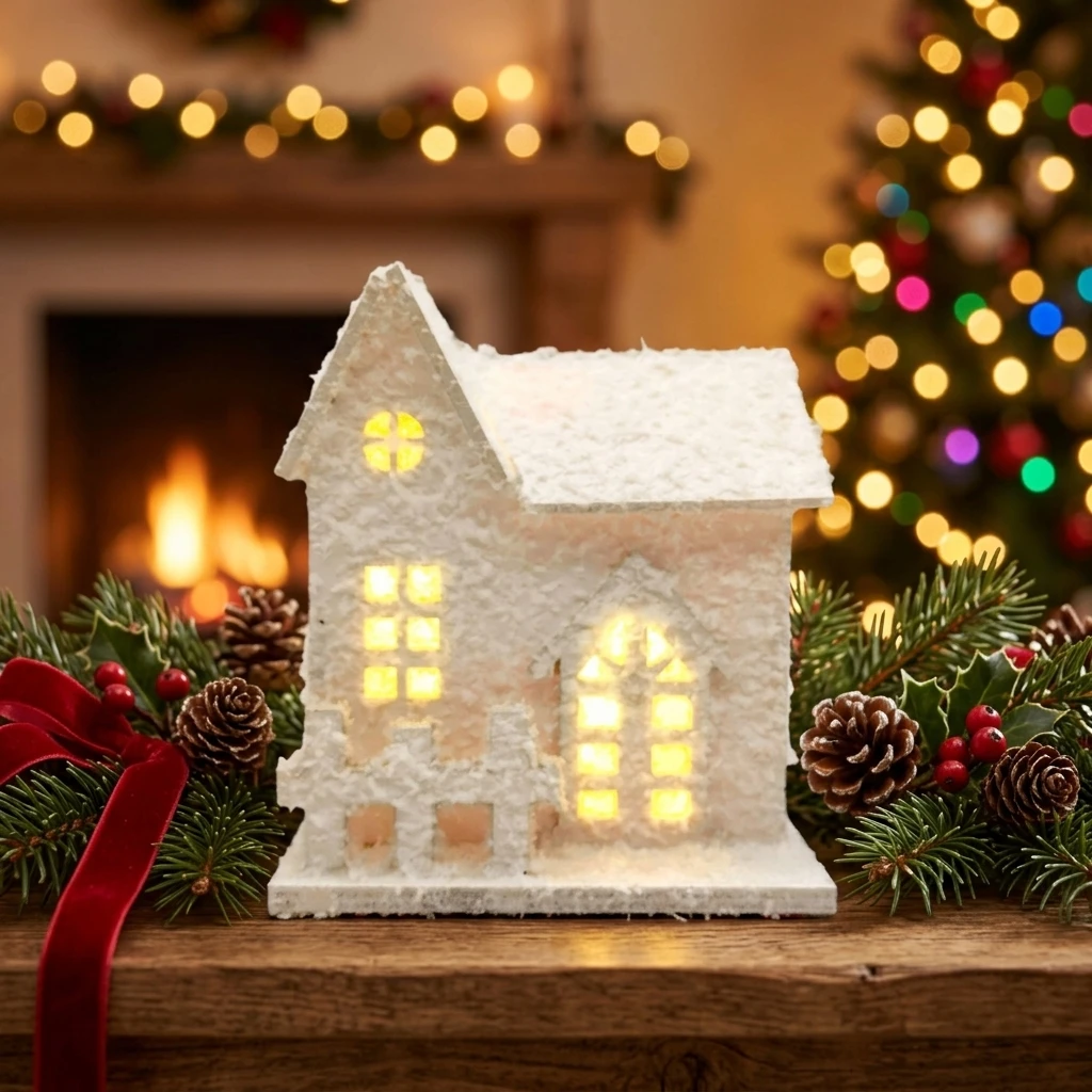 Lighting Decor For House - ของตกแต่งบ้านทรงกระท่อมคริสต์มาสขนาดเล็ก บ้านไม้ประดับไฟรูปเกล็ดหิมะ ดีไซน์หรูหรา สำหรับตกแต่งหน้าต่างบ้าน สำนักงาน หรือเทศกาลวันหยุด